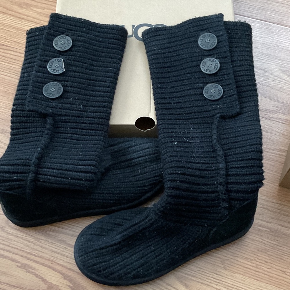 UGG Black Ribbed Knit Boots with Buttons